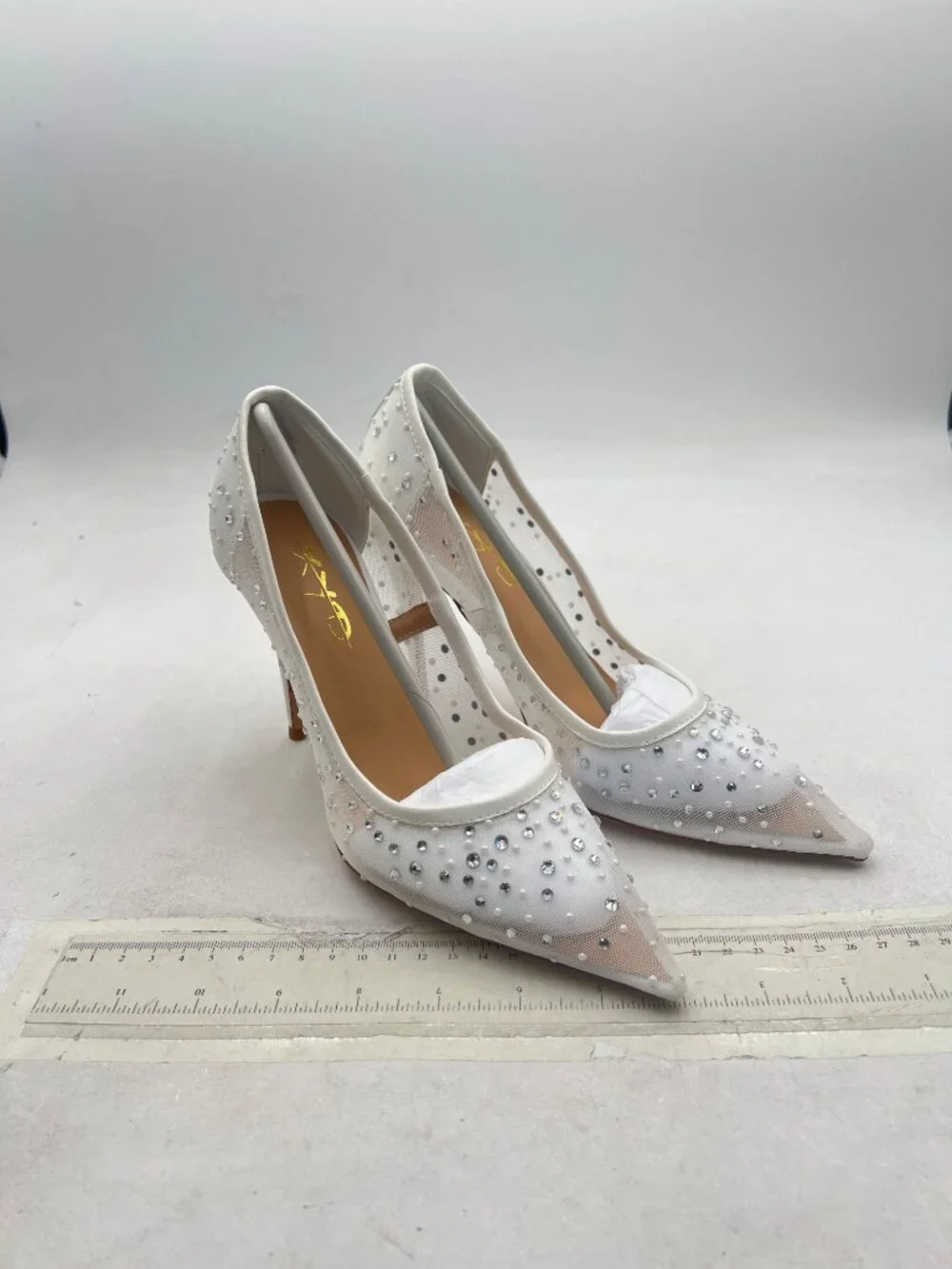 XYD White Sequins Rhinestones Studded Stiletto High Heels Mesh Pumps Dress Shoes